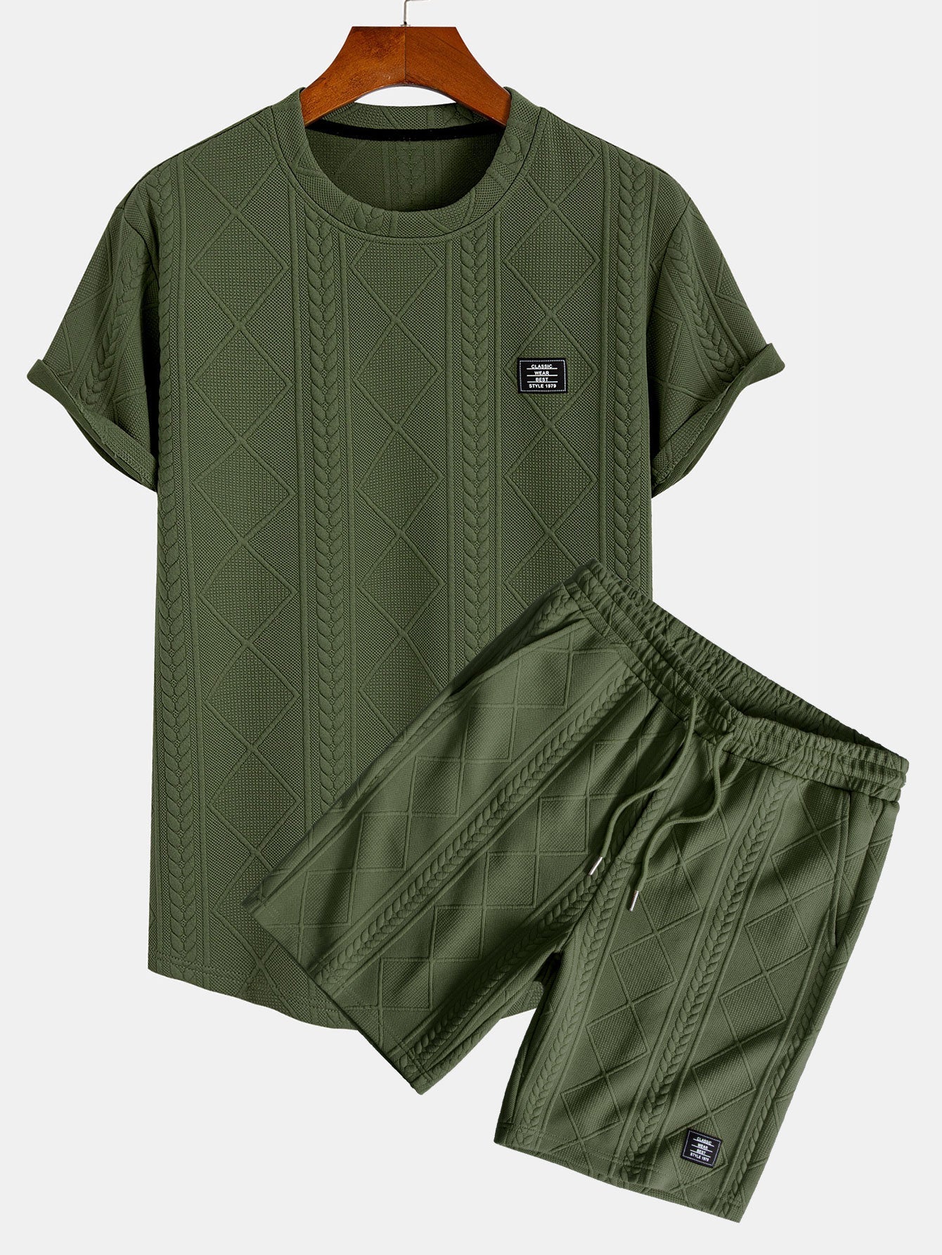 Geometric Jacquard Short Sleeve T-Shirt with Arc Hem & Matching Shorts