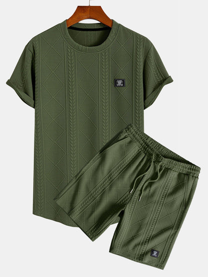 Geometric Jacquard Short Sleeve T-Shirt with Arc Hem & Matching Shorts