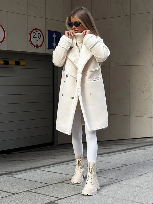 Liverno Valentina | Lång kappa i skinnlook med fuskpälskrage för dam