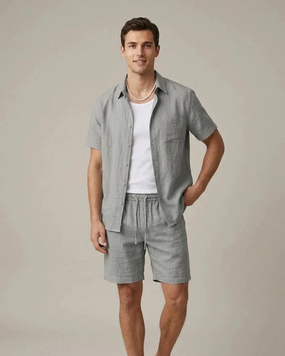 Tweedelige Heren Linnenmix Zomerset met Overhemd en Korte Broek