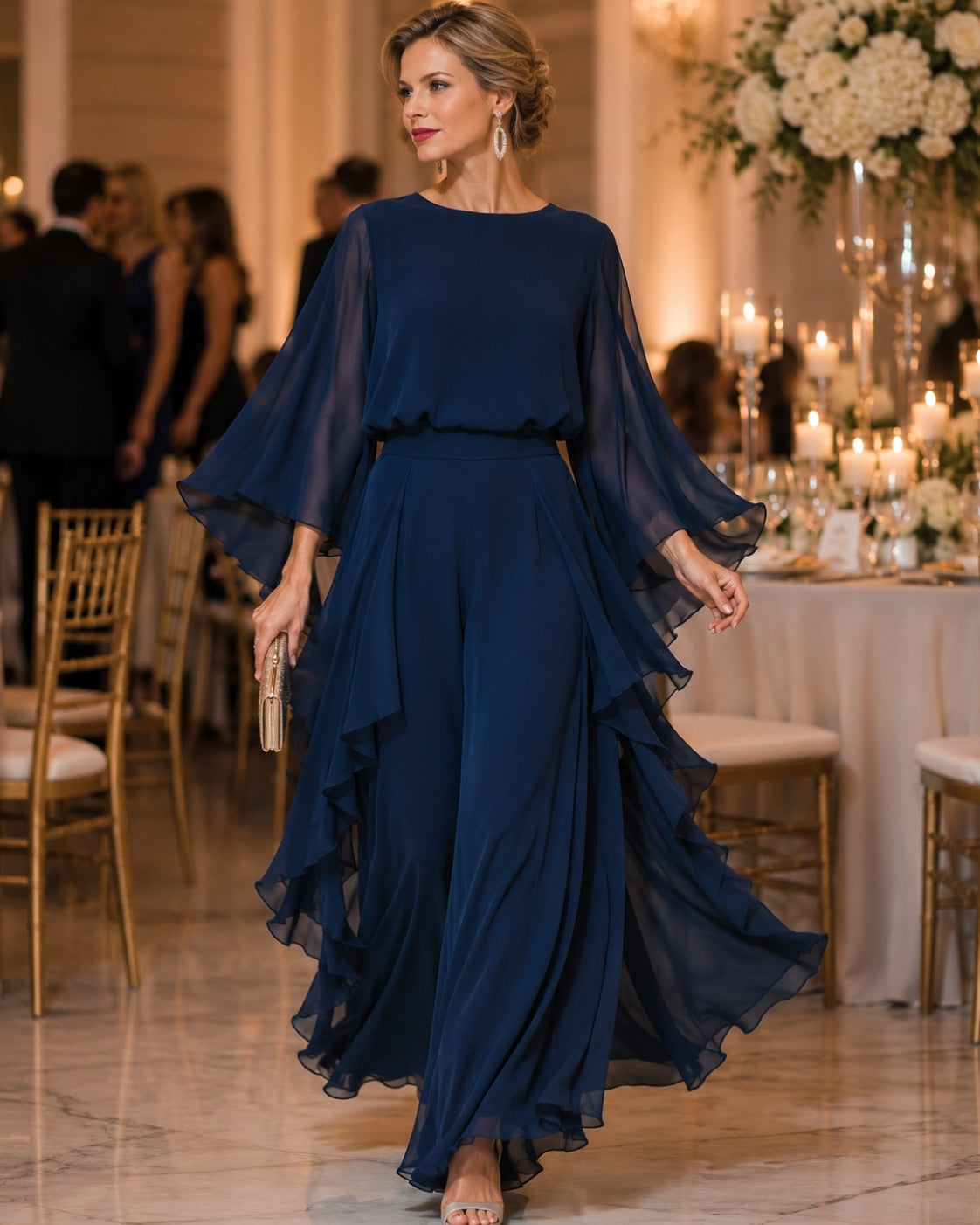 Liverno Ariel | Elegancki Szyfonowy Komplet w Kolorze Granatowym