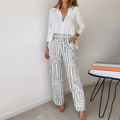 Women Two Piece Set Relaxed Top Elastic Waist Trousers