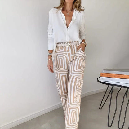 Women Two Piece Set Relaxed Top Elastic Waist Trousers